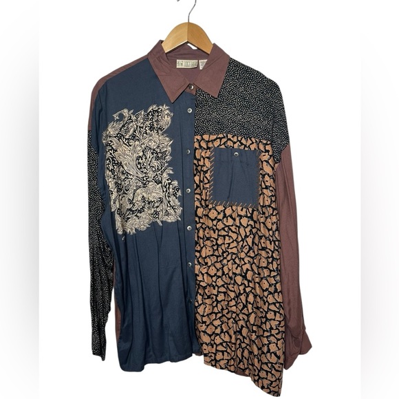 Together Tops - Vintage Patchwork Bohemian Button Up | Womens Size XL Whimsical Fall Long Sleeve